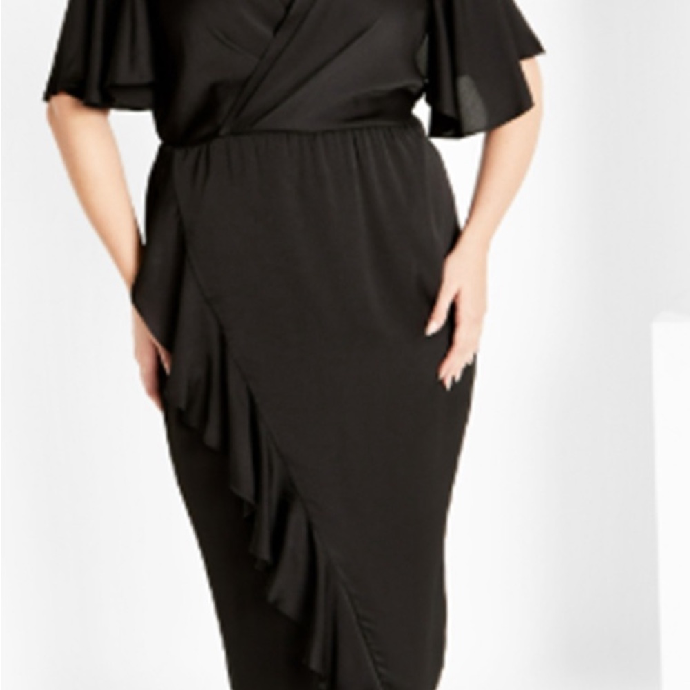 City Chic Black Ruffle Wrap Midi Dress